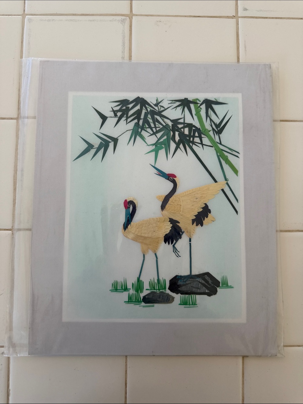 Mixed-Media Crane Wall Art in Green and Gold
